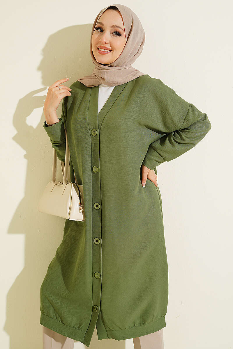 Long Button-Front Airobin Cardigan - Green