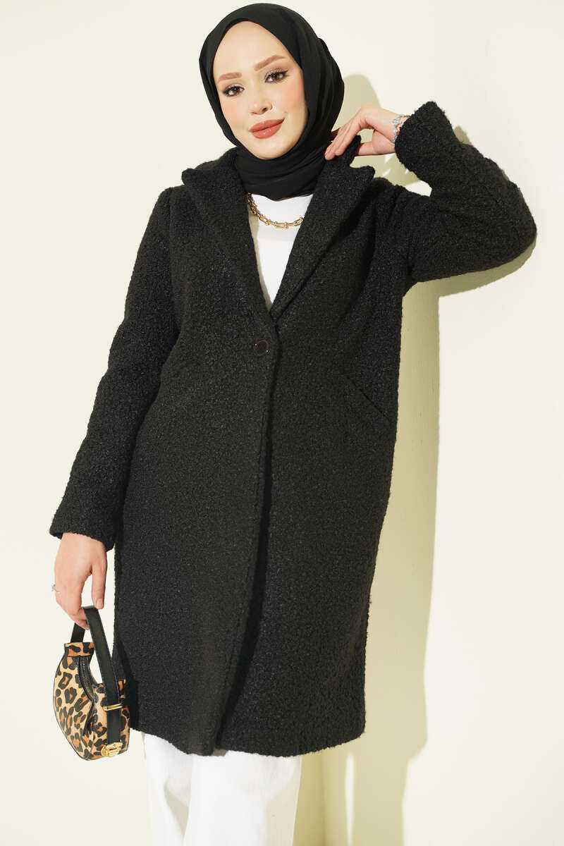 Button-Front Coat with Pockets - Black