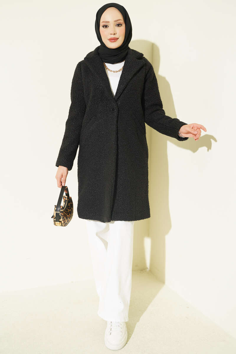 Button-Front Coat with Pockets - Black