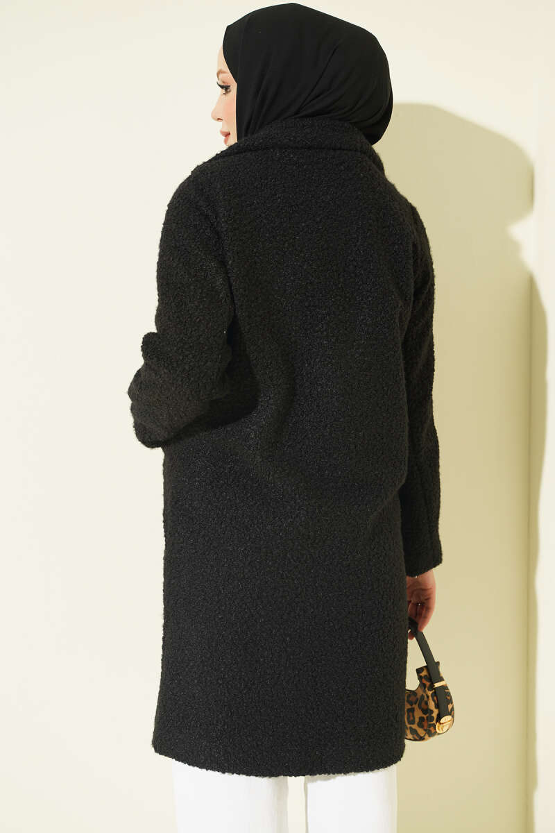 Button-Front Coat with Pockets - Black