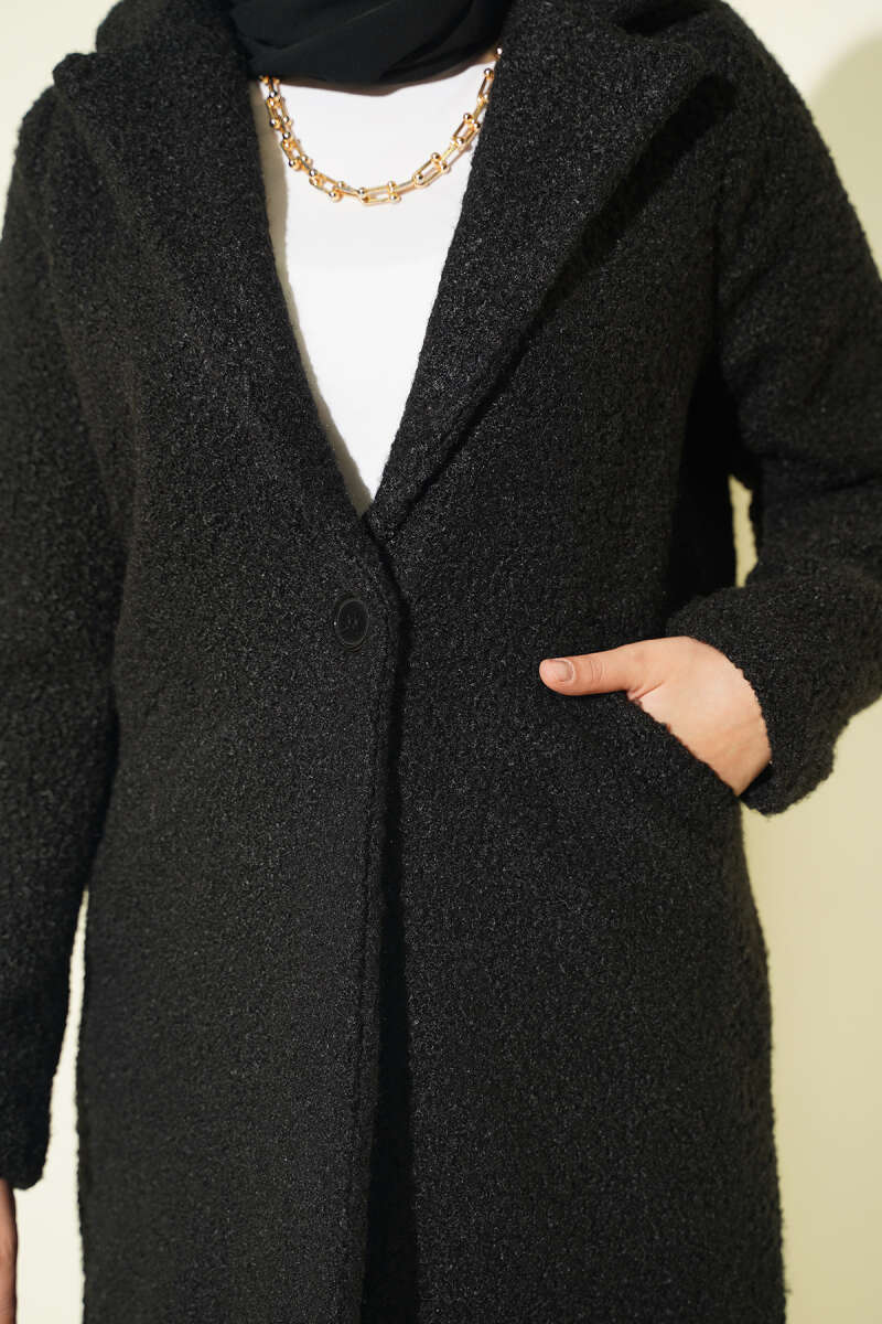Button-Front Coat with Pockets - Black