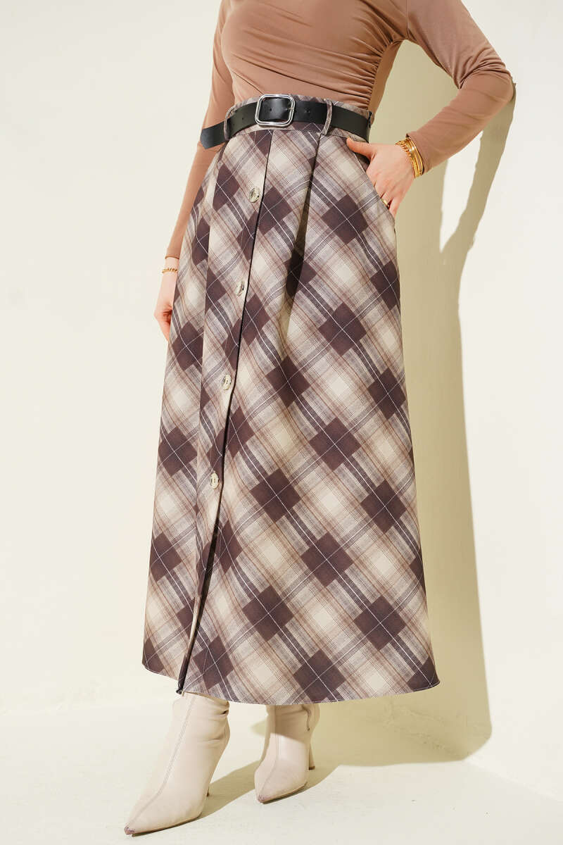 Button-Front Plaid Skirt - Beige