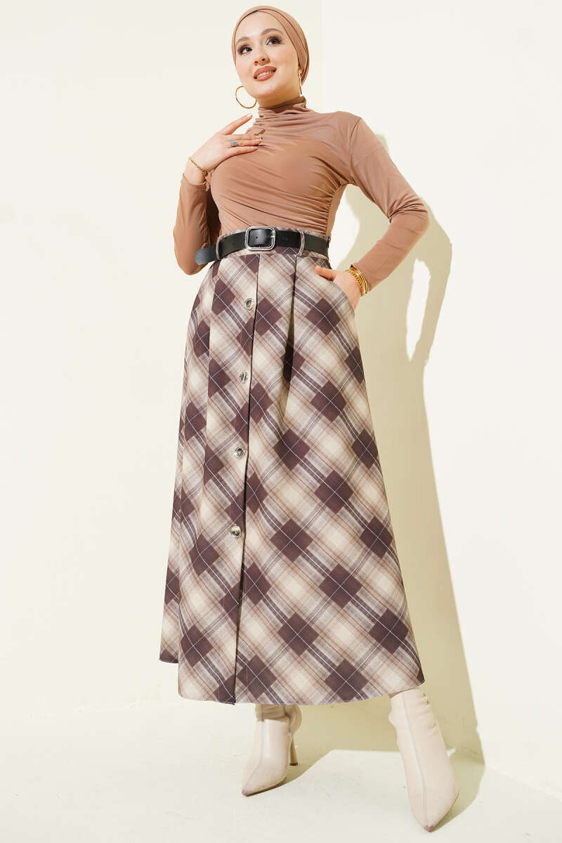 Button-Front Plaid Skirt - Beige