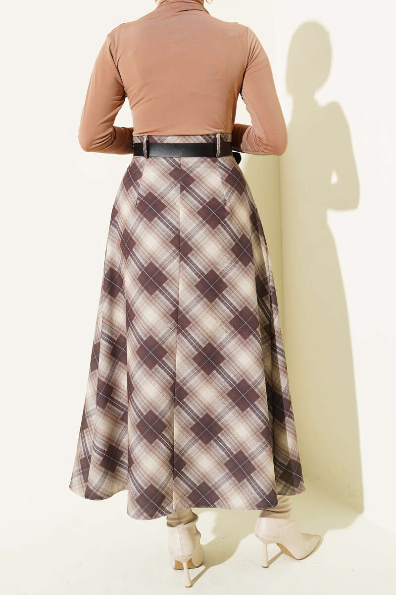Button-Front Plaid Skirt - Beige