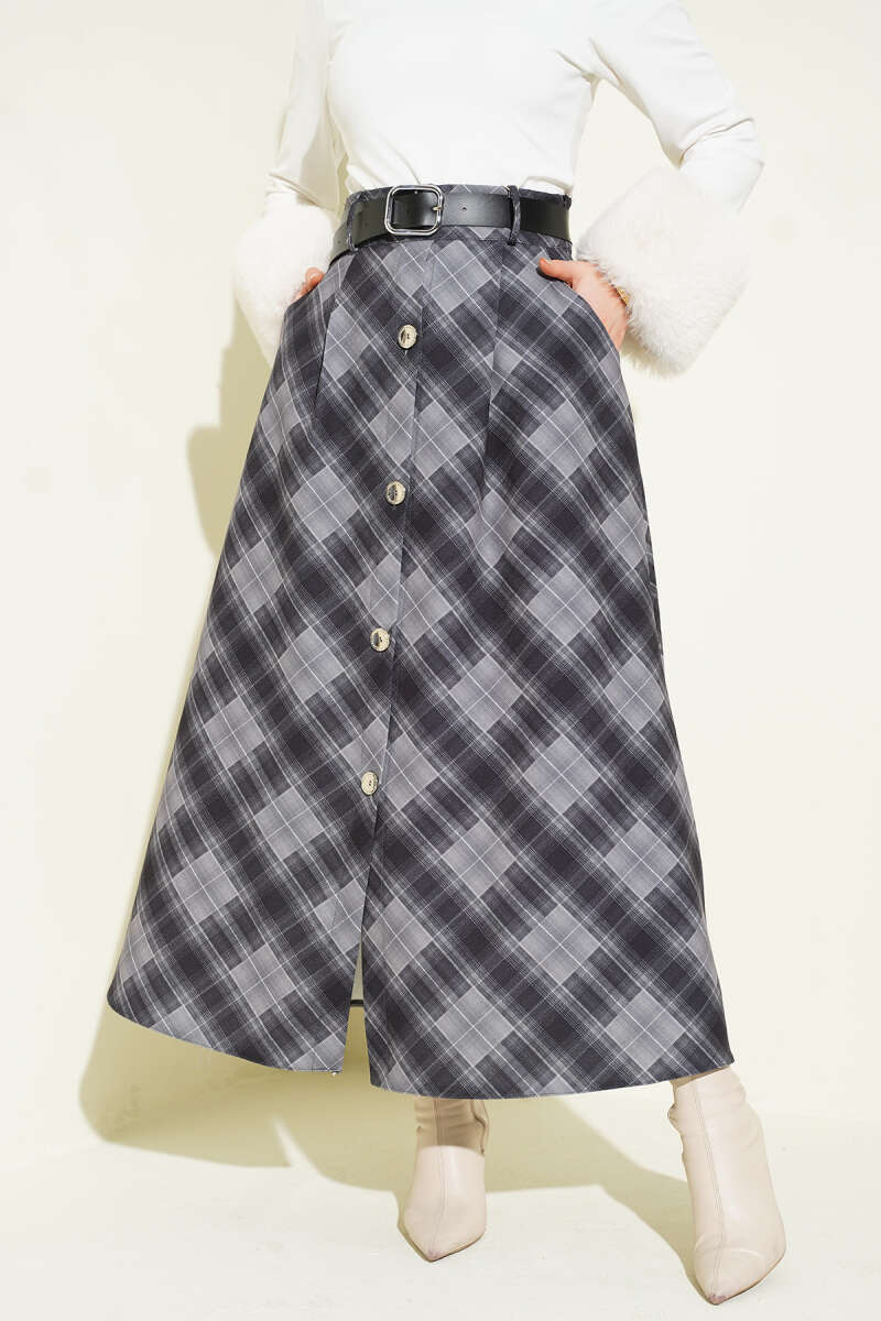 Button-Front Plaid Skirt - Smoke Grey