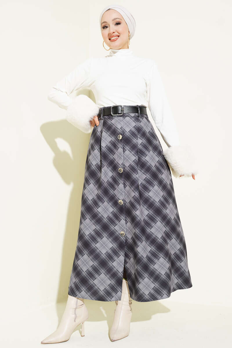 Button-Front Plaid Skirt - Smoke Grey