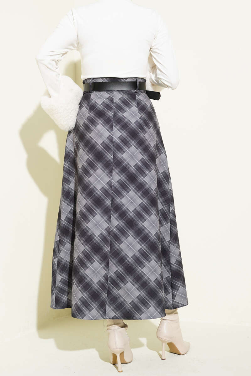 Button-Front Plaid Skirt - Smoke Grey