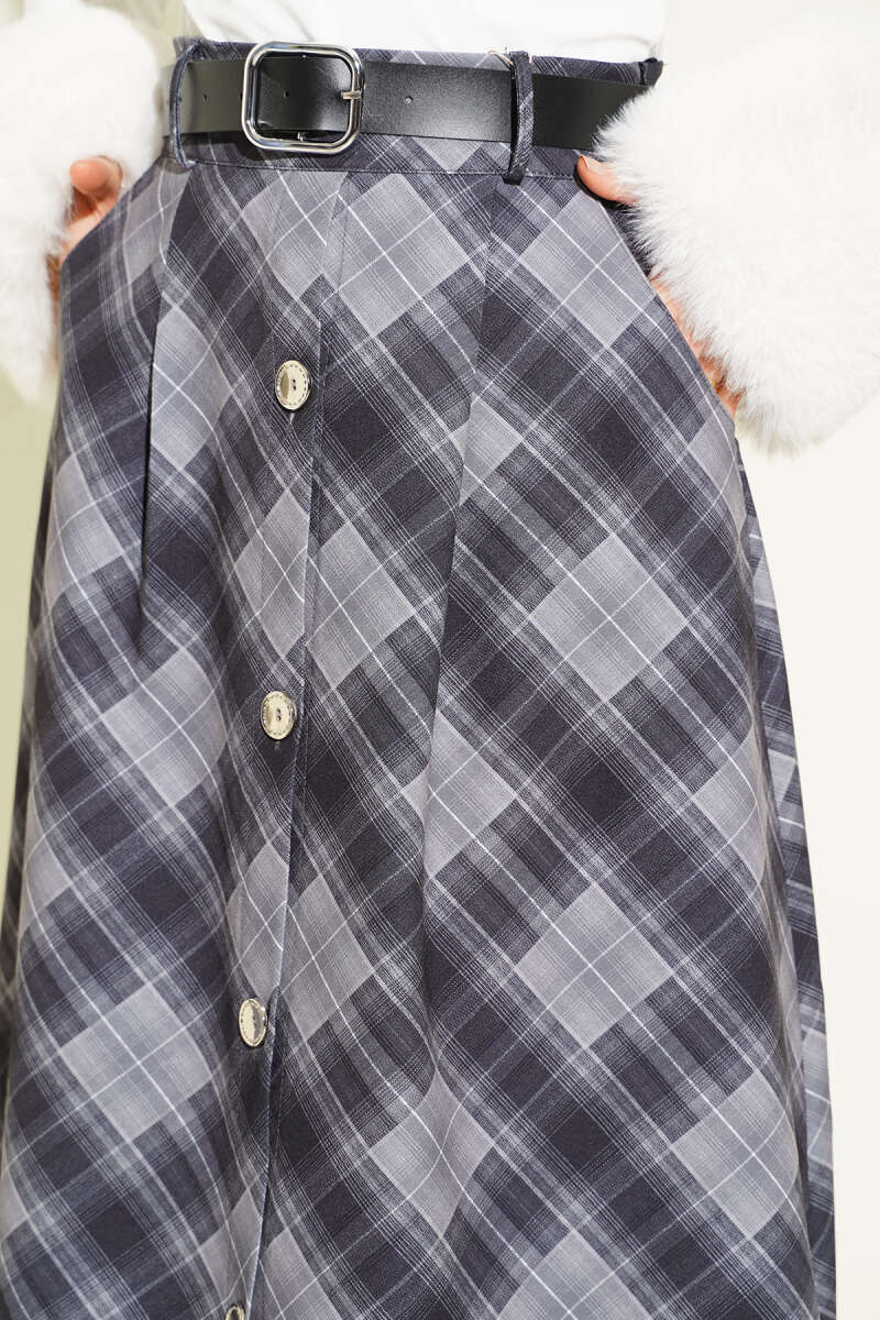 Button-Front Plaid Skirt - Smoke Grey