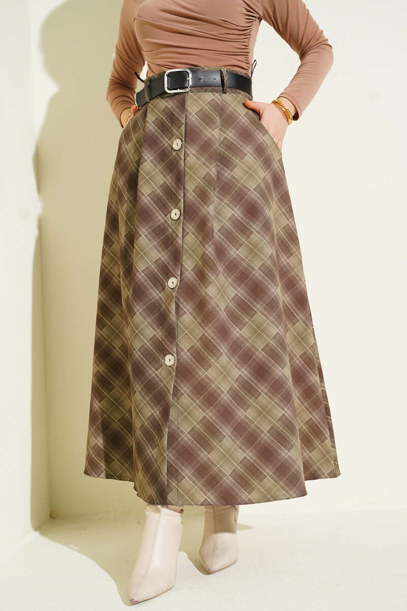 Button-Front Plaid Skirt - Khaki