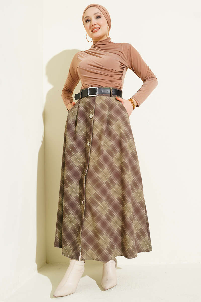 Button-Front Plaid Skirt - Khaki