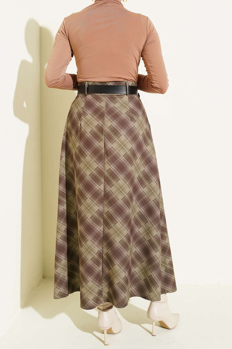 Button-Front Plaid Skirt - Khaki