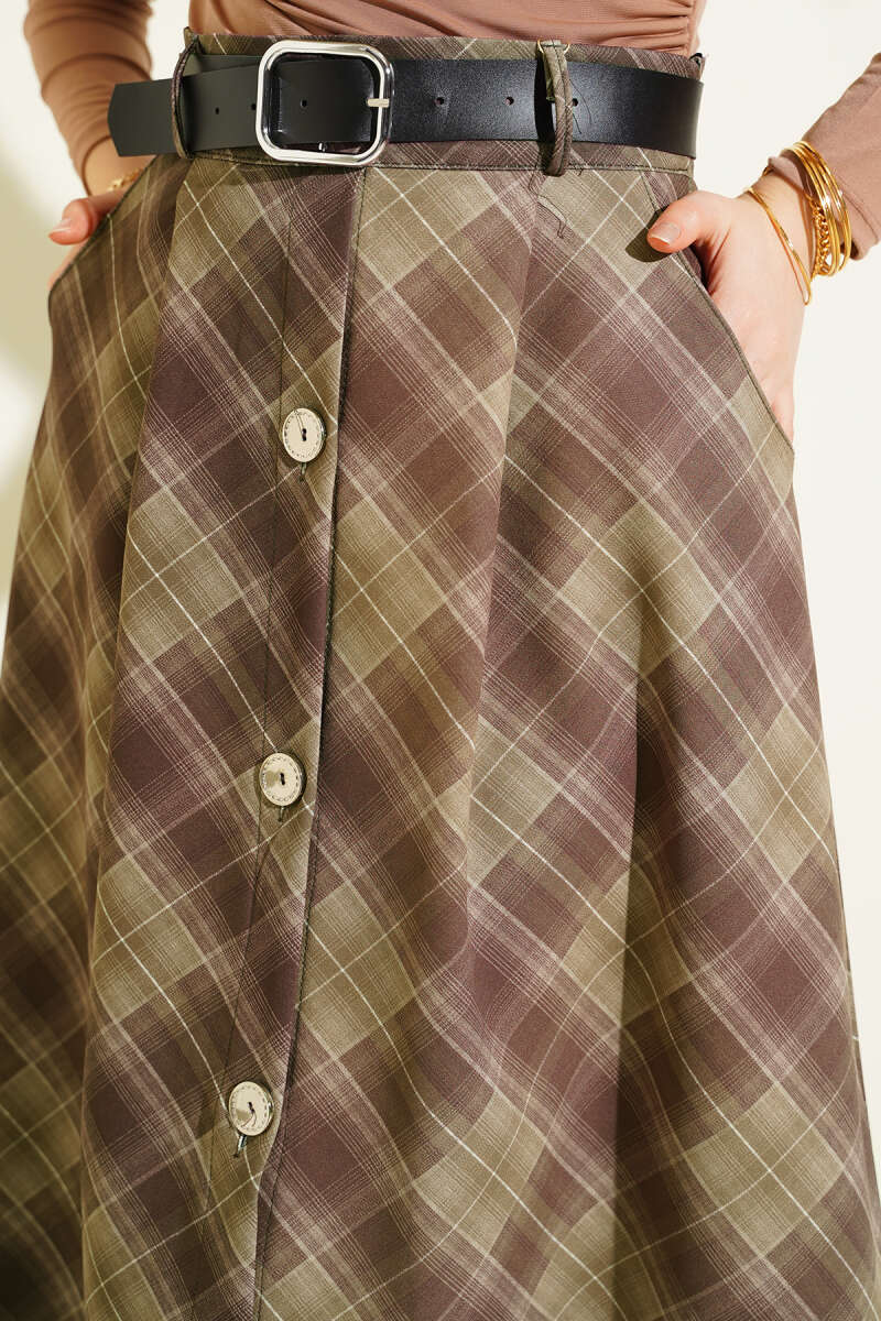 Button-Front Plaid Skirt - Khaki