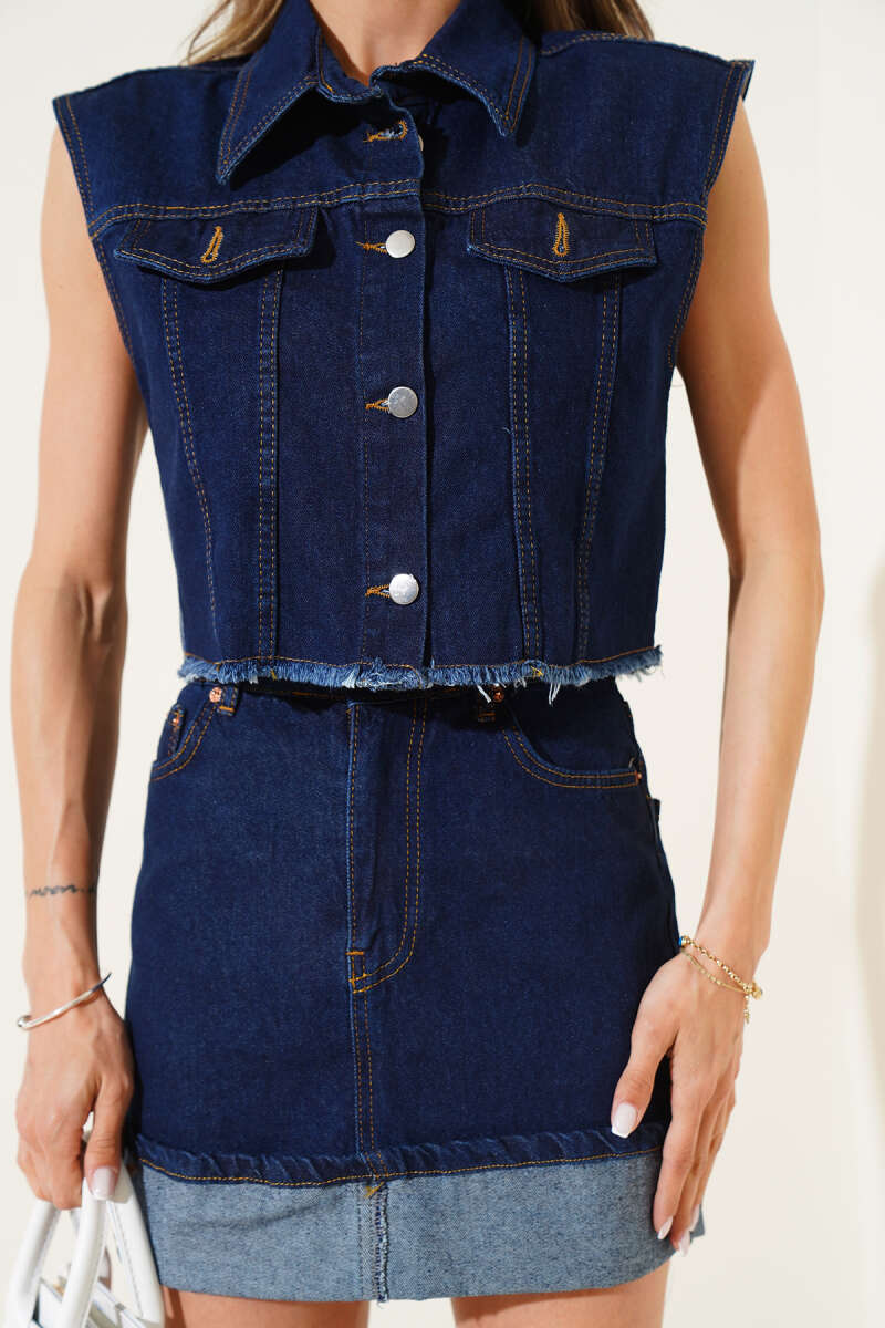 Button-Front Skirt Two-Piece Set - Navy