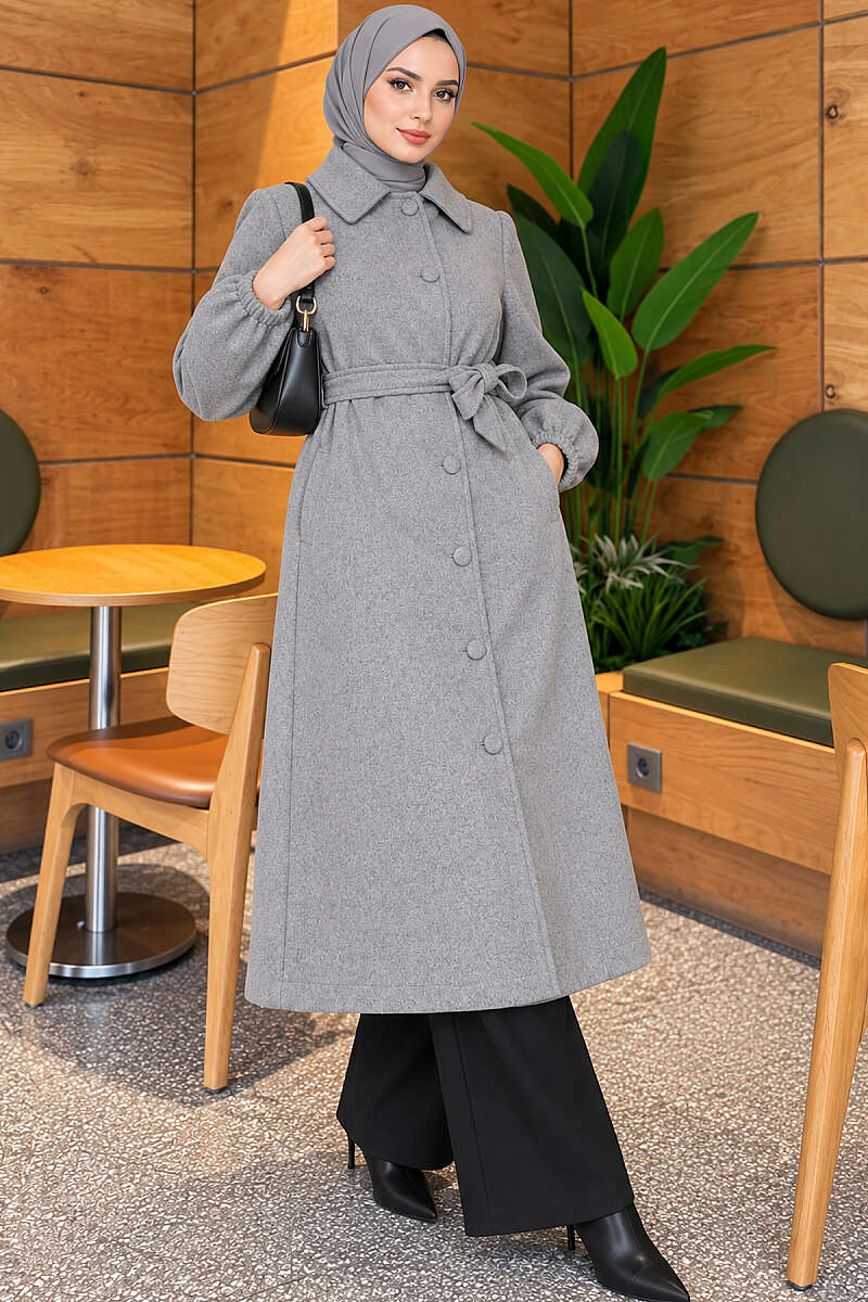 Belted Felt Coat with Button Front - Grey