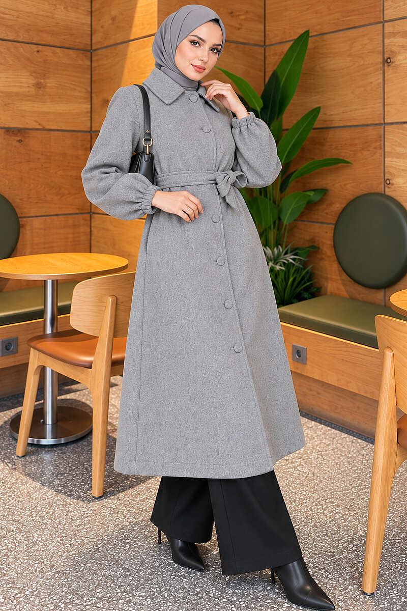 Belted Felt Coat with Button Front - Grey