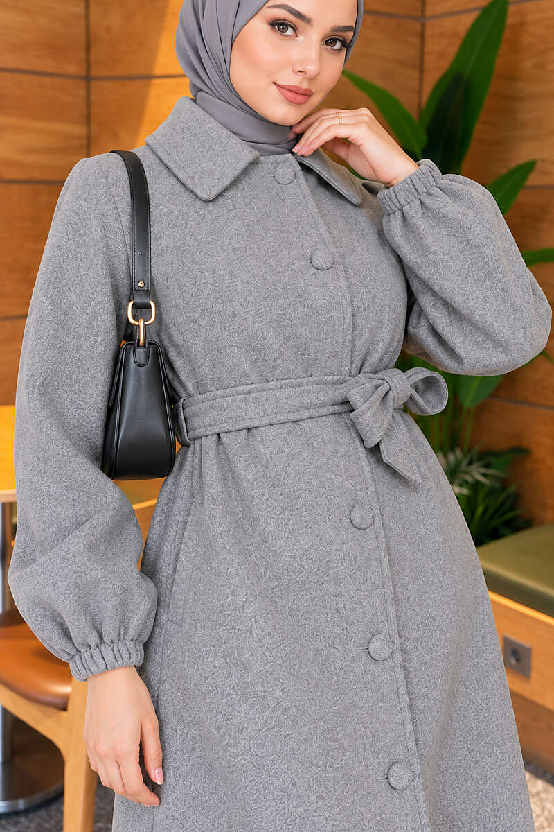Belted Felt Coat with Button Front - Grey