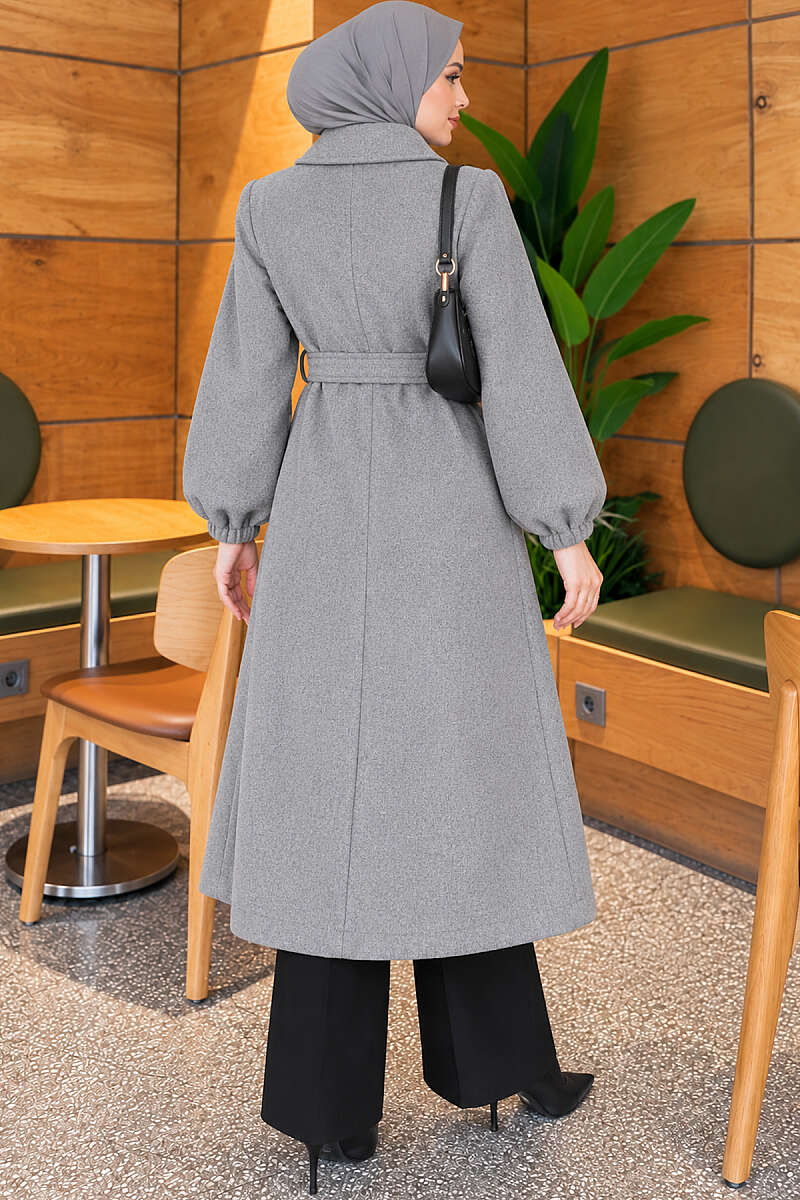 Belted Felt Coat with Button Front - Grey