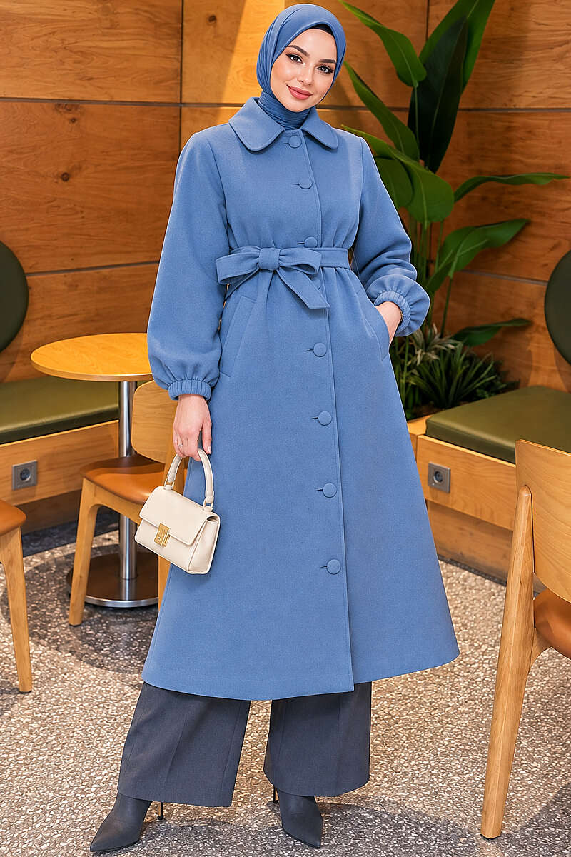 Belted Felt Coat with Button Front - Indigo
