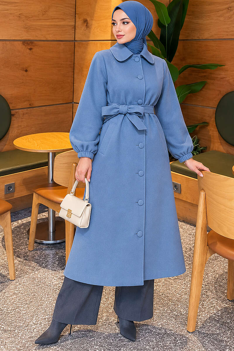 Belted Felt Coat with Button Front - Indigo