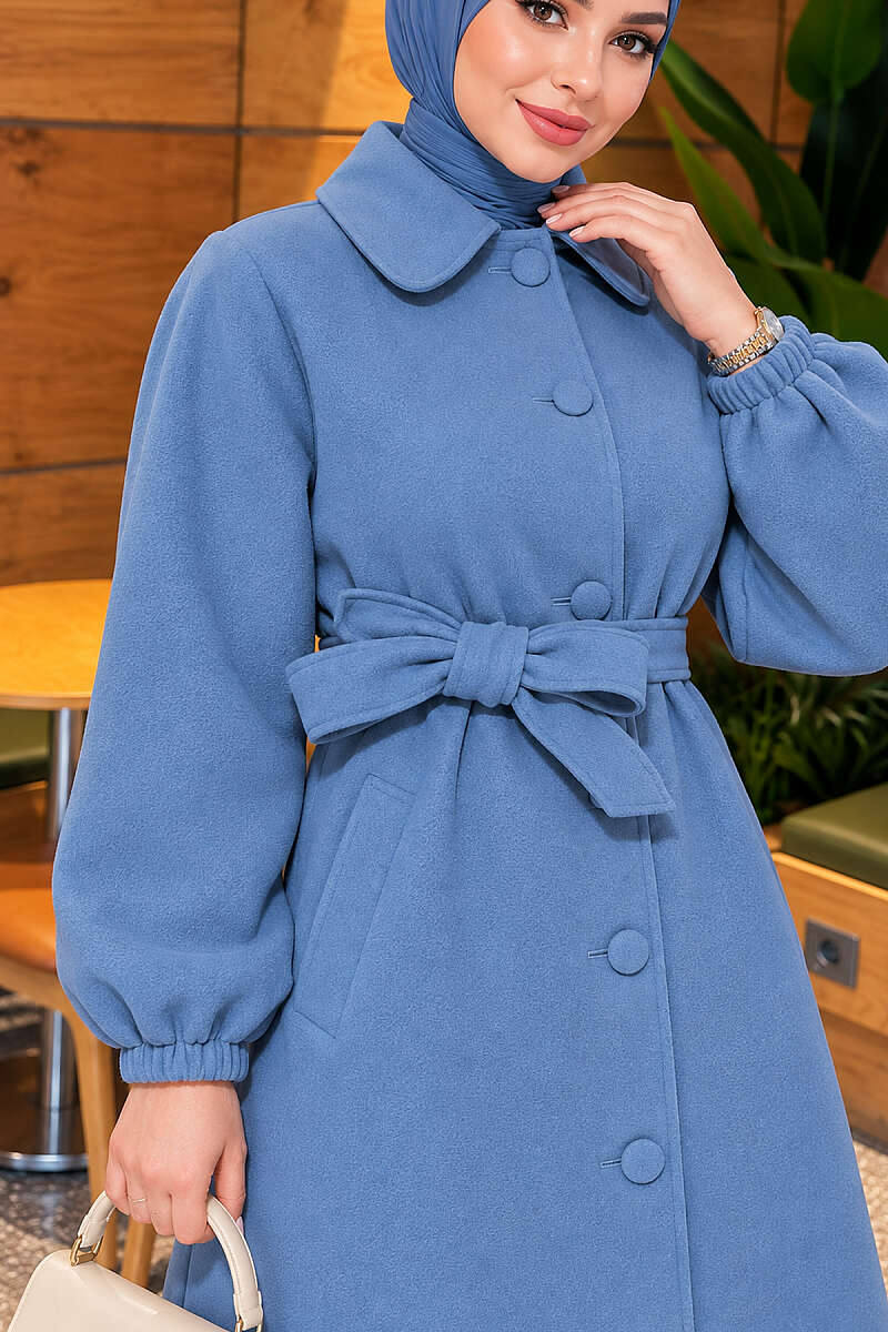 Belted Felt Coat with Button Front - Indigo
