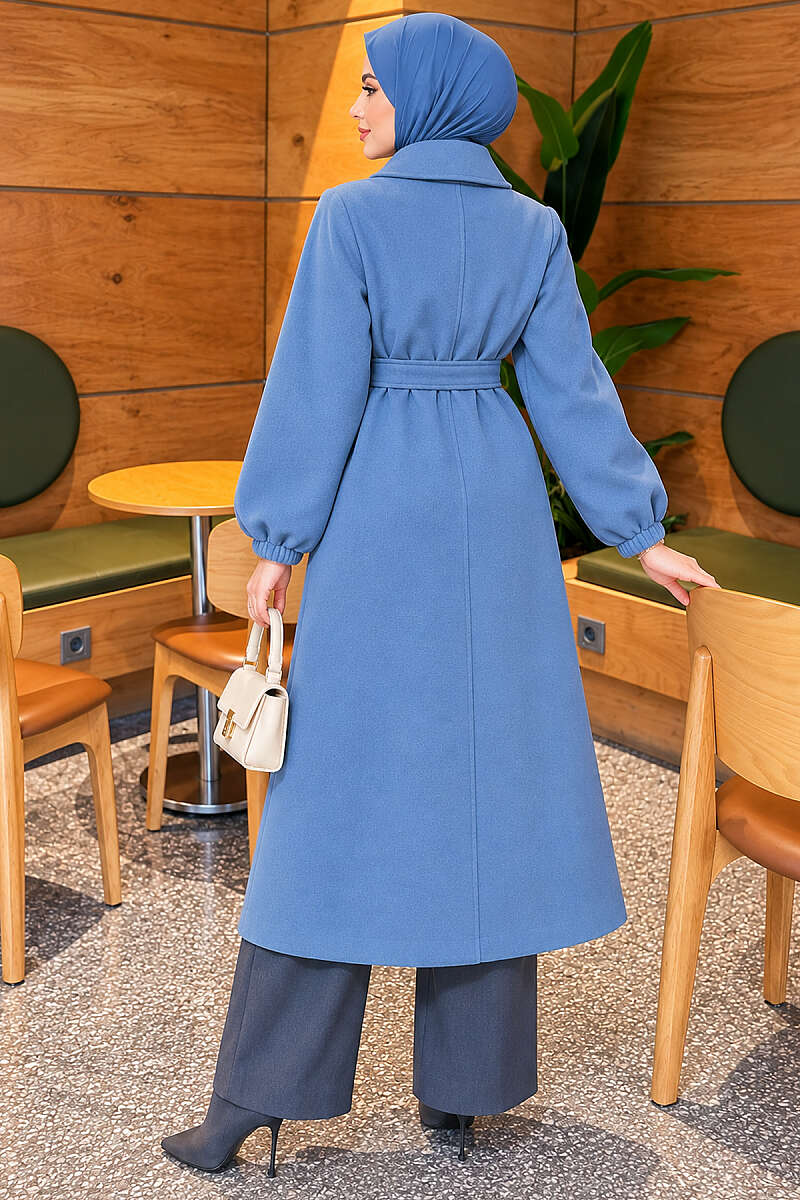 Belted Felt Coat with Button Front - Indigo