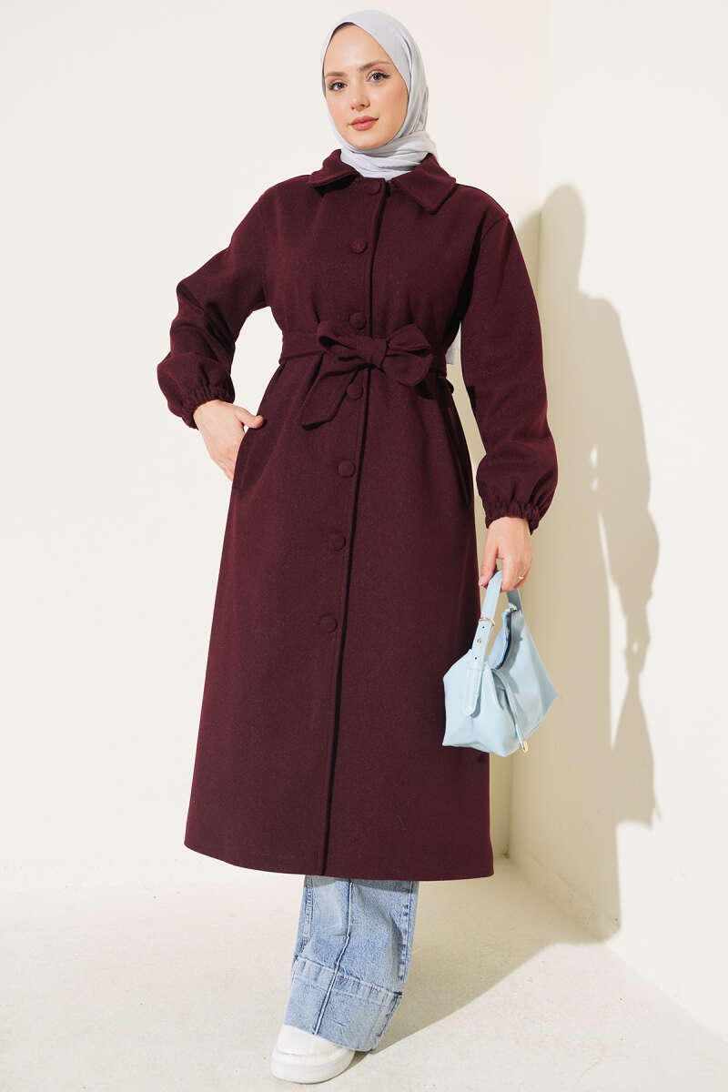Belted Felt Coat with Button Front - Plum