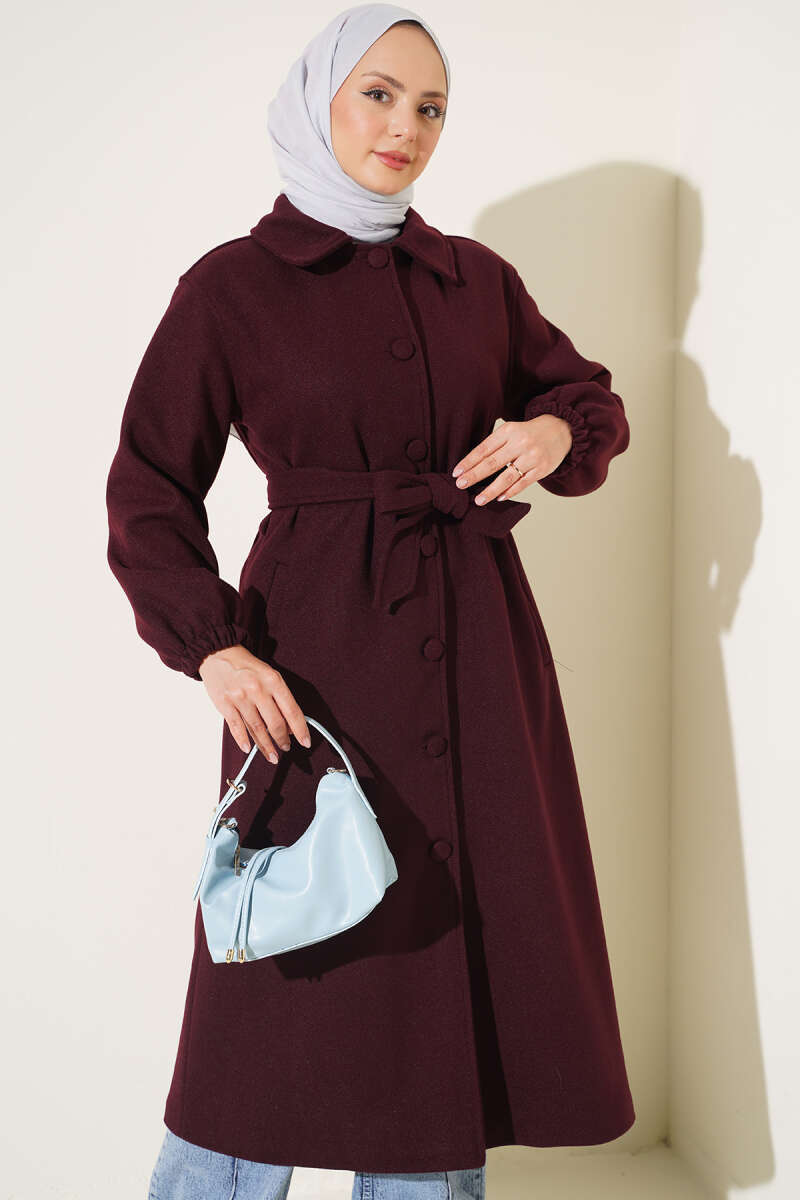 Belted Felt Coat with Button Front - Plum