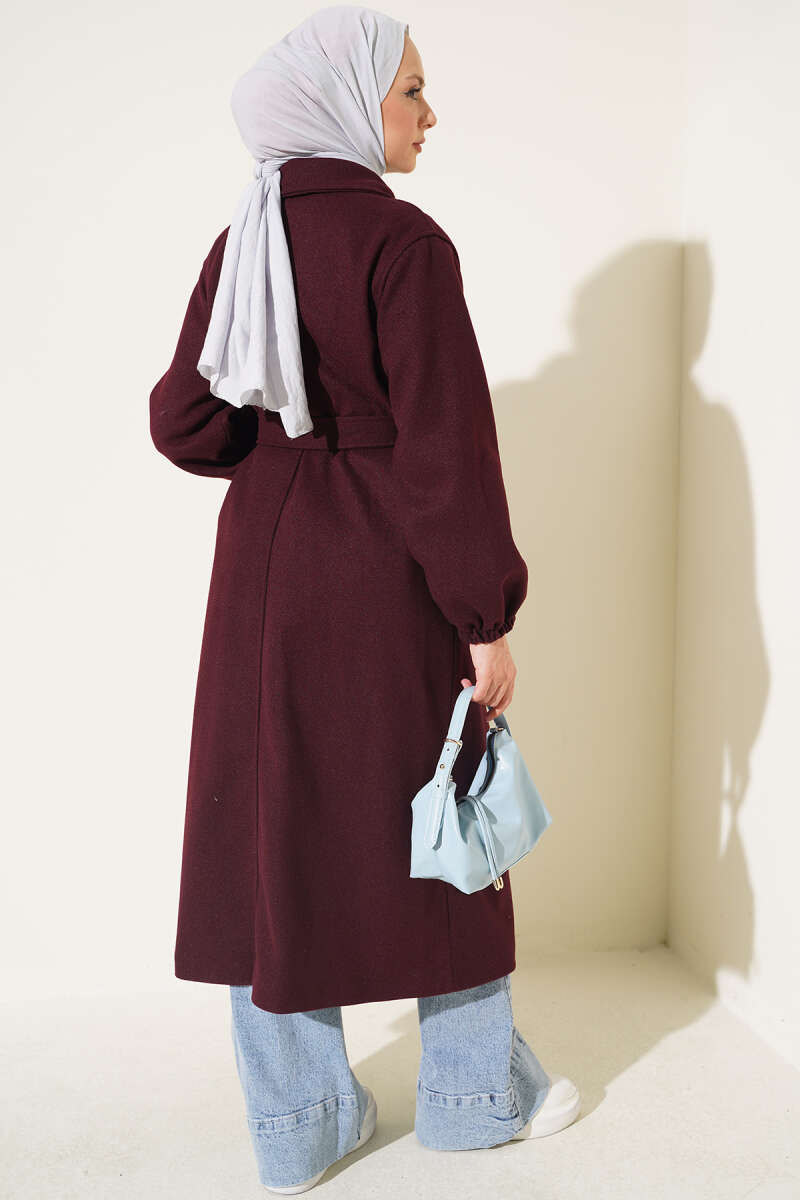 Belted Felt Coat with Button Front - Plum
