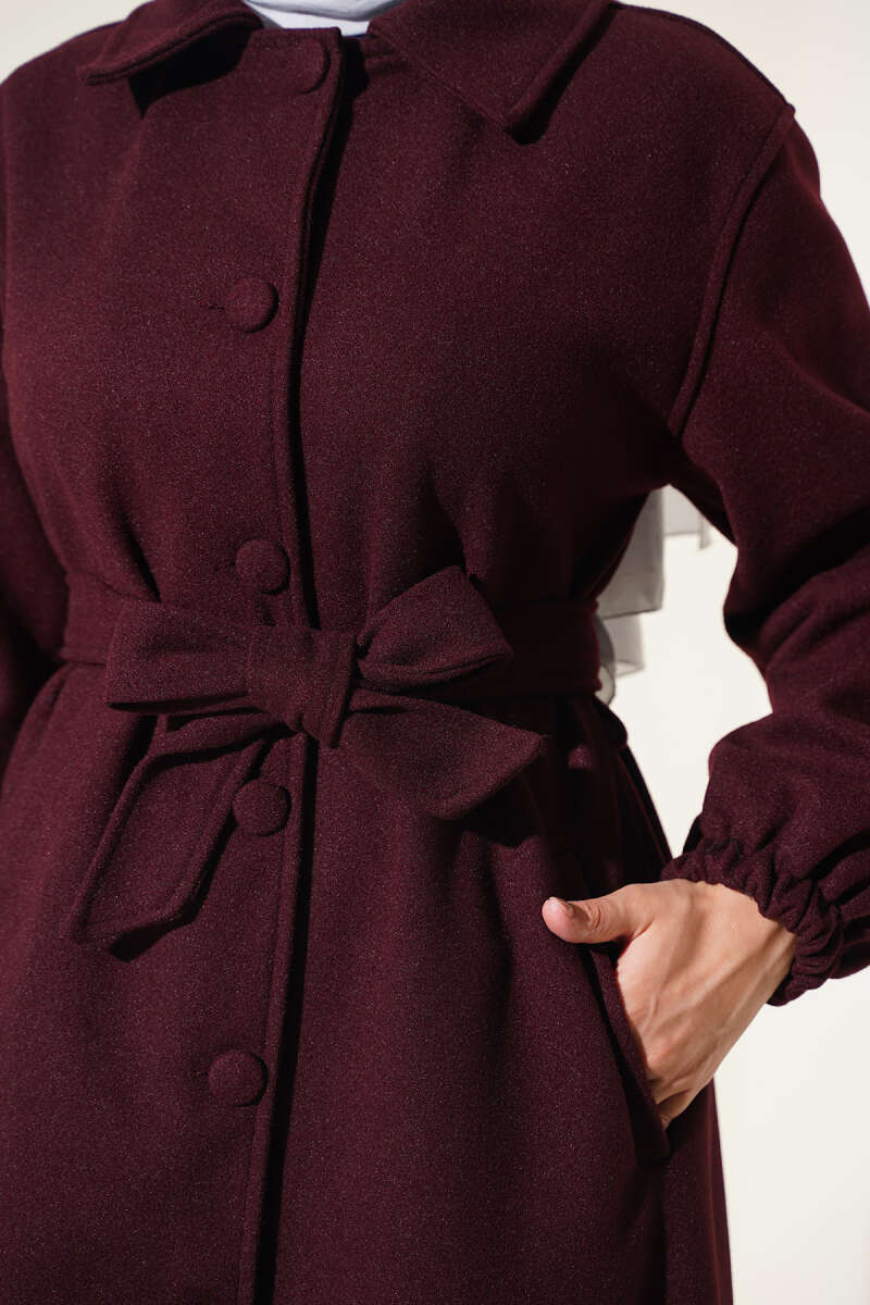 Belted Felt Coat with Button Front - Plum