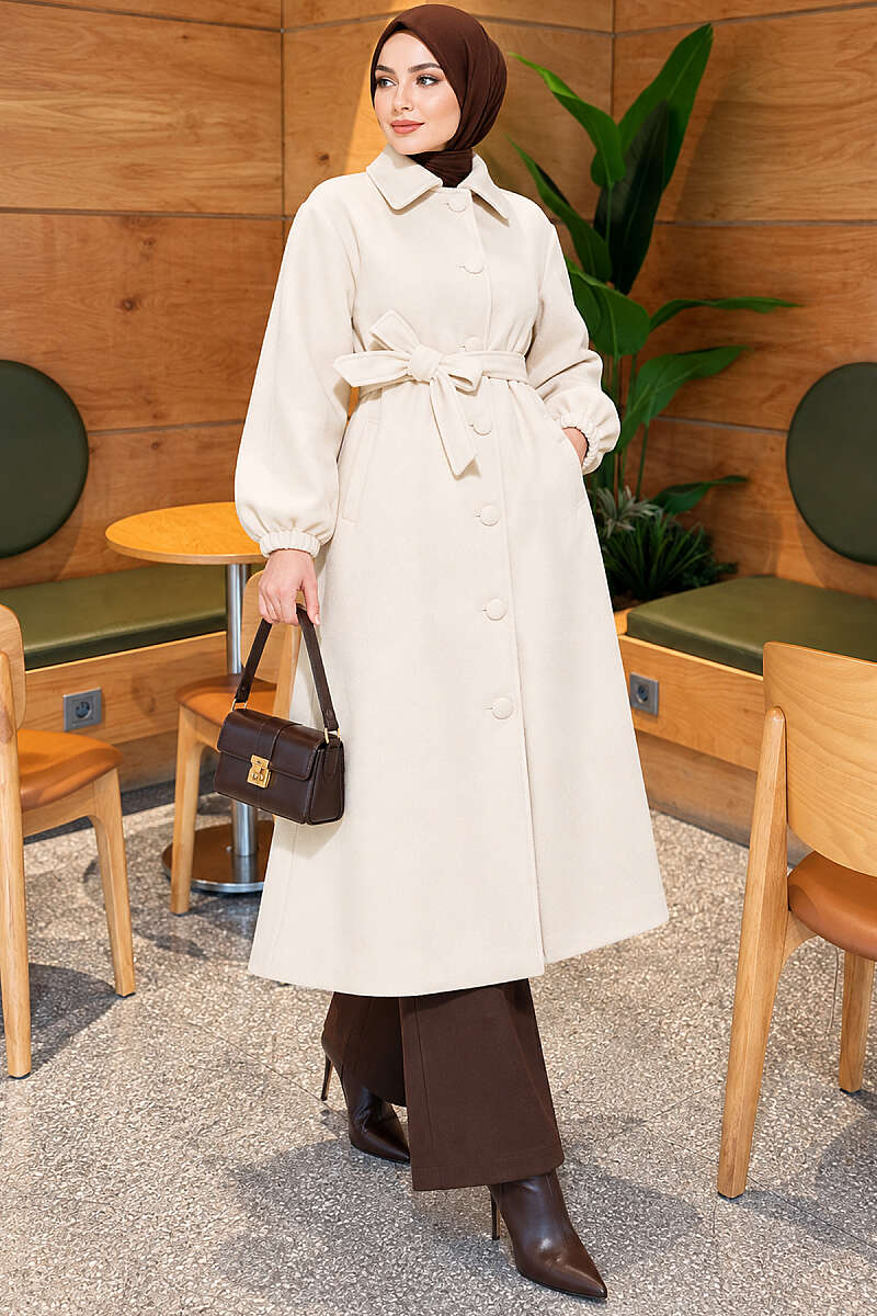 Belted Felt Coat with Button Front - Stone