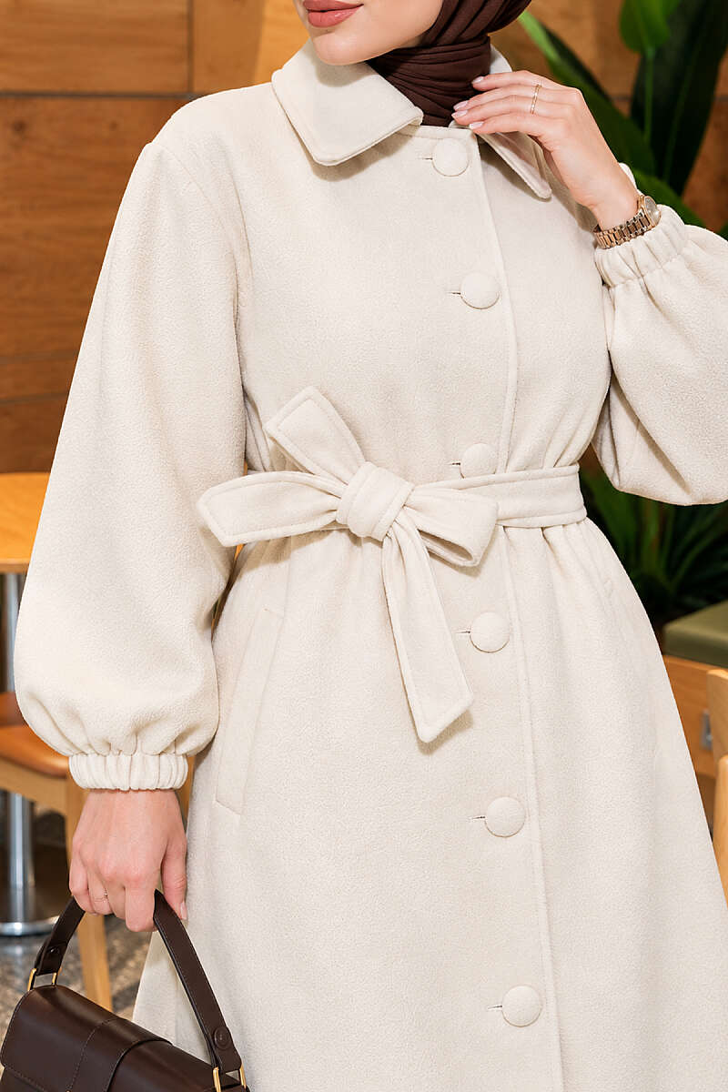 Belted Felt Coat with Button Front - Stone
