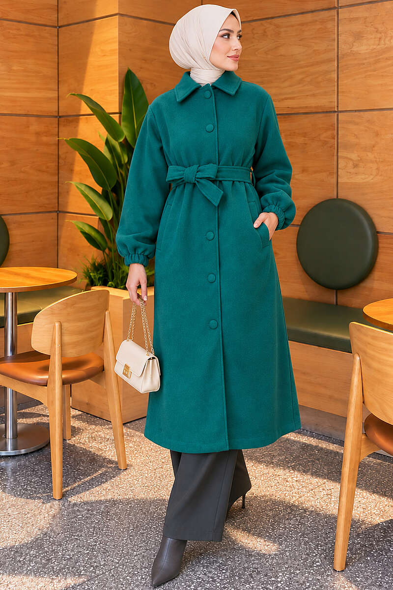 Belted Felt Coat with Button Front - Emerald