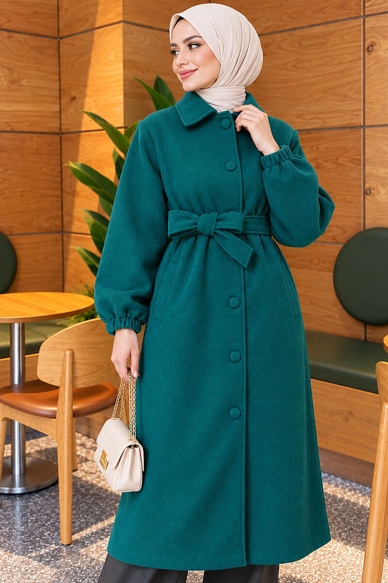 Belted Felt Coat with Button Front - Emerald