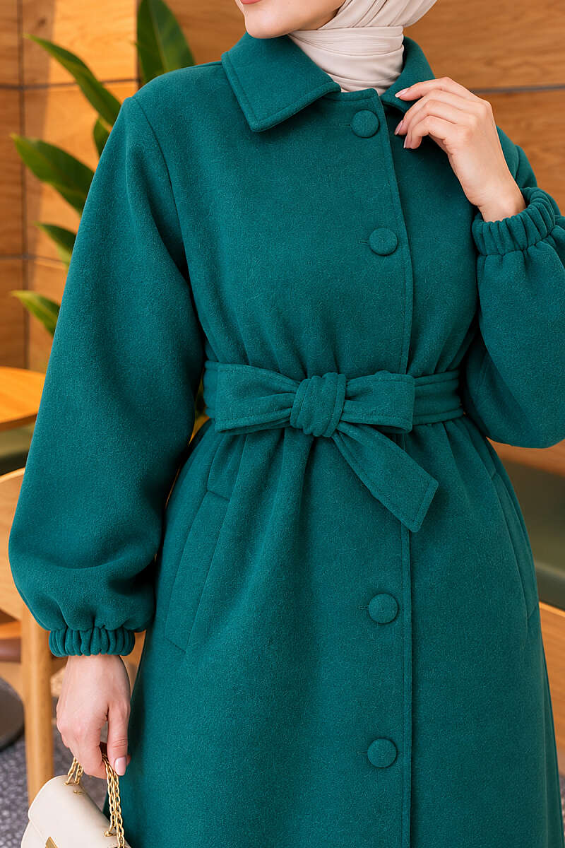 Belted Felt Coat with Button Front - Emerald