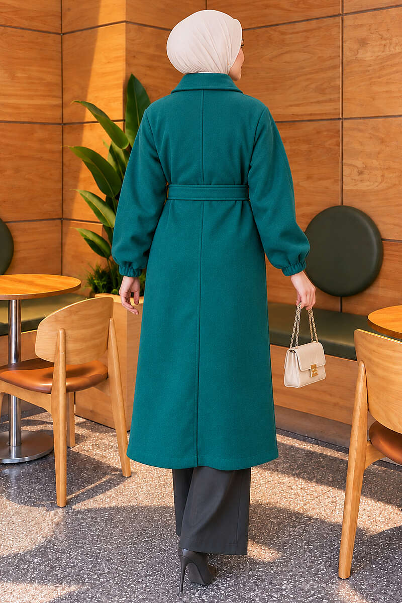 Belted Felt Coat with Button Front - Emerald
