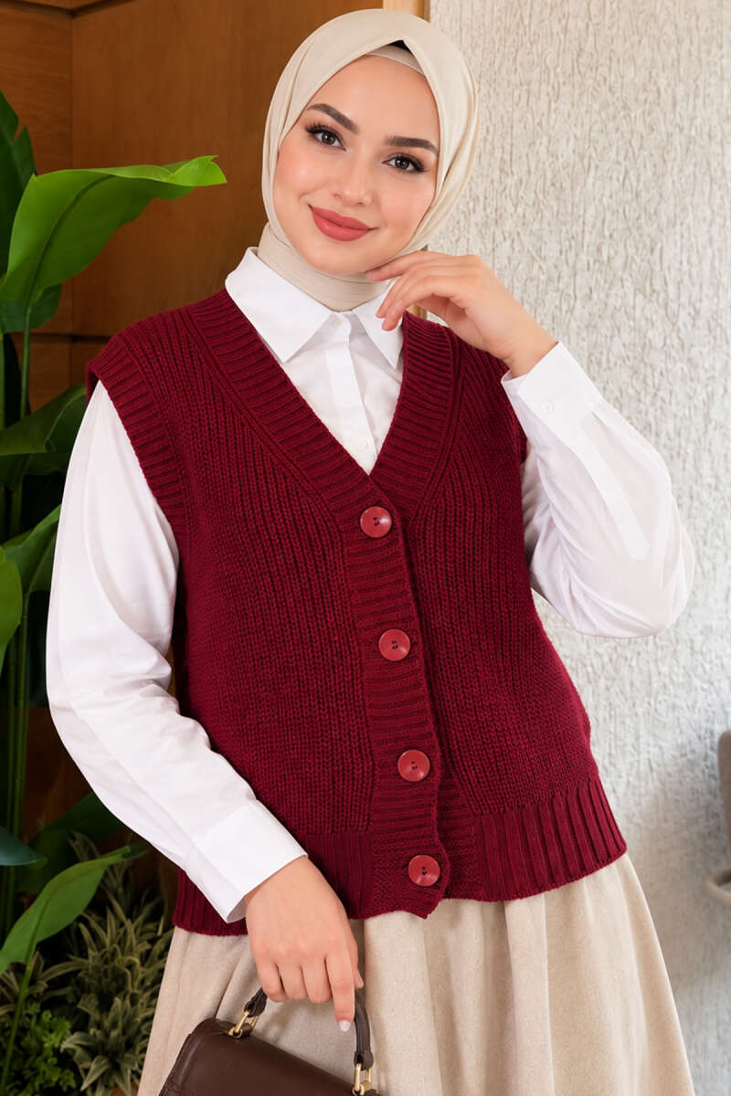 V-Neck Knit Vest with Button Front - Burgundy