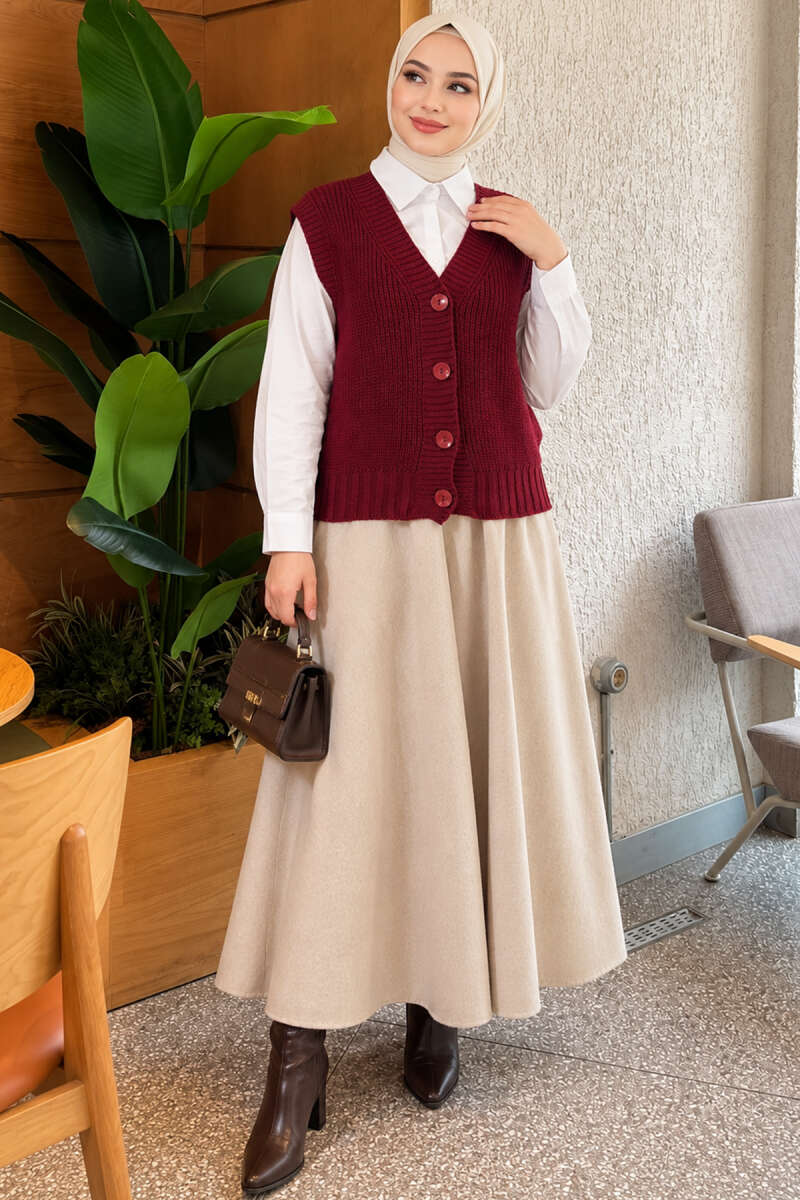 V-Neck Knit Vest with Button Front - Burgundy