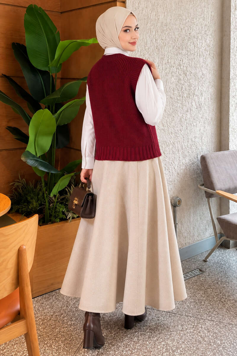 V-Neck Knit Vest with Button Front - Burgundy