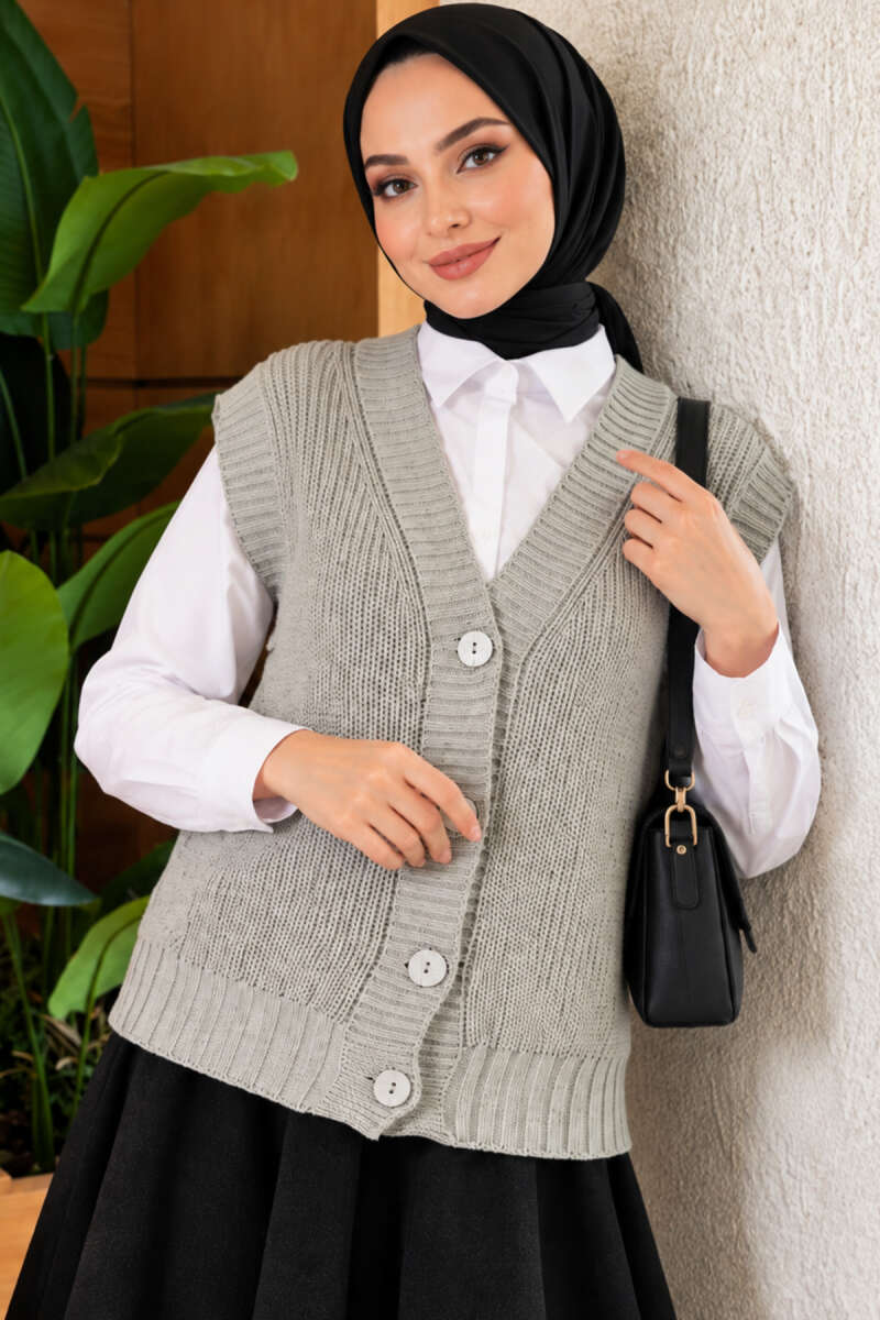 V-Neck Knit Vest with Button Front - Grey