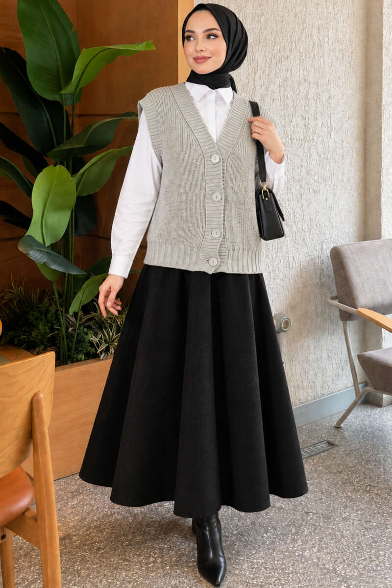 V-Neck Knit Vest with Button Front - Grey
