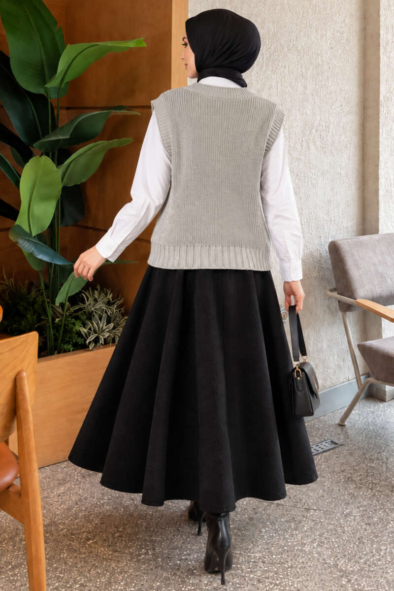 V-Neck Knit Vest with Button Front - Grey