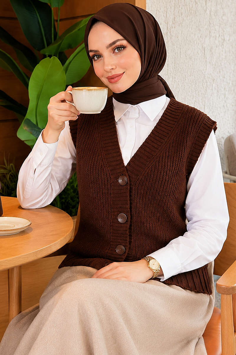 V-Neck Knit Vest with Button Front - Brown