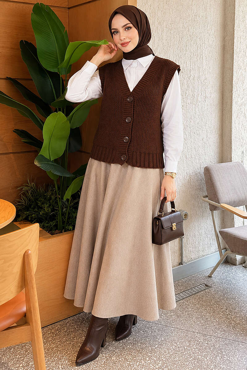 V-Neck Knit Vest with Button Front - Brown