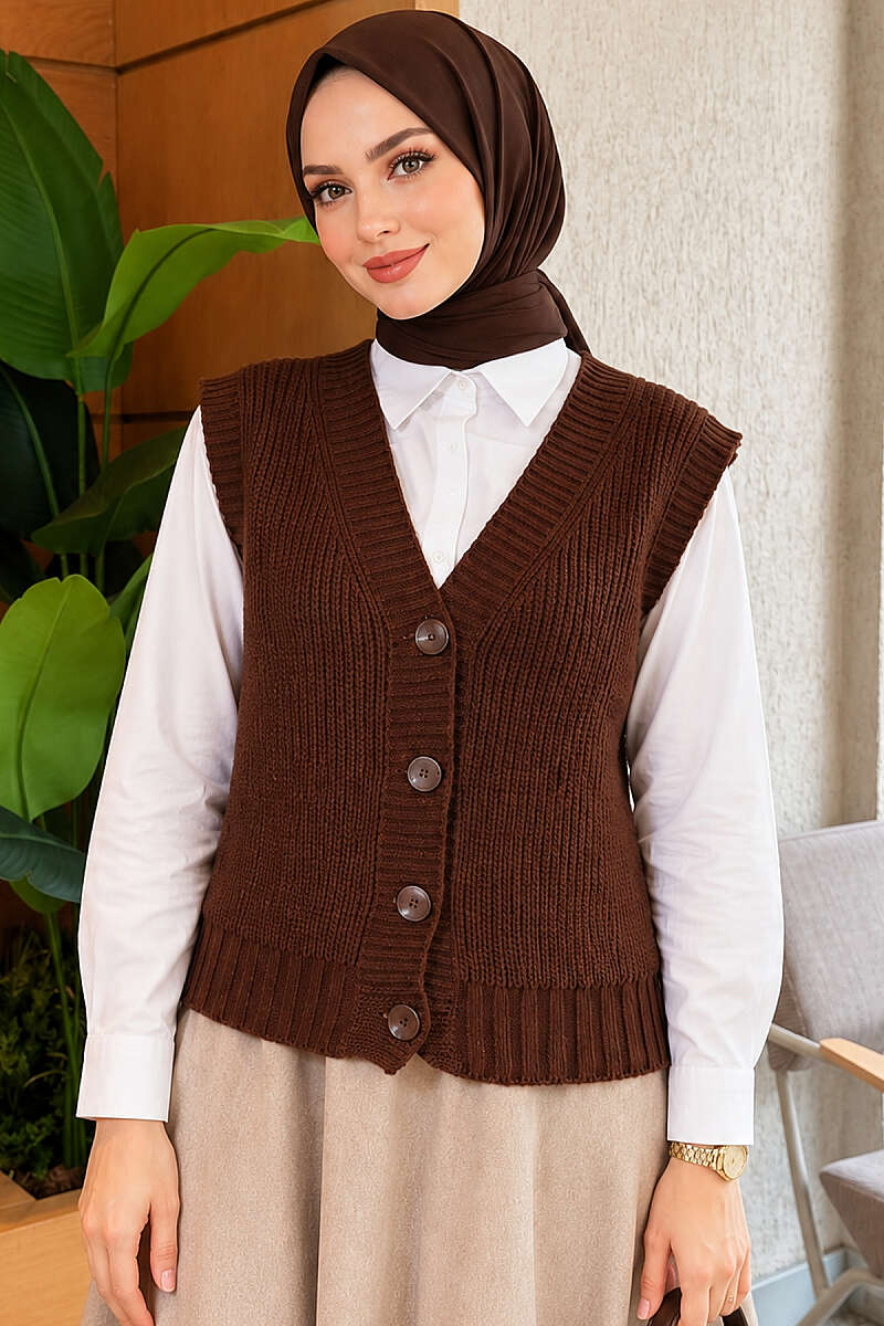 V-Neck Knit Vest with Button Front - Brown