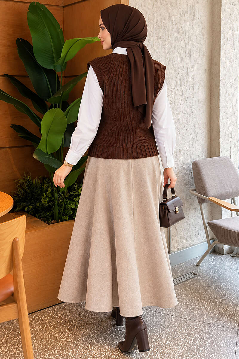 V-Neck Knit Vest with Button Front - Brown