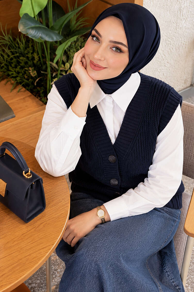 V-Neck Knit Vest with Button Front - Navy
