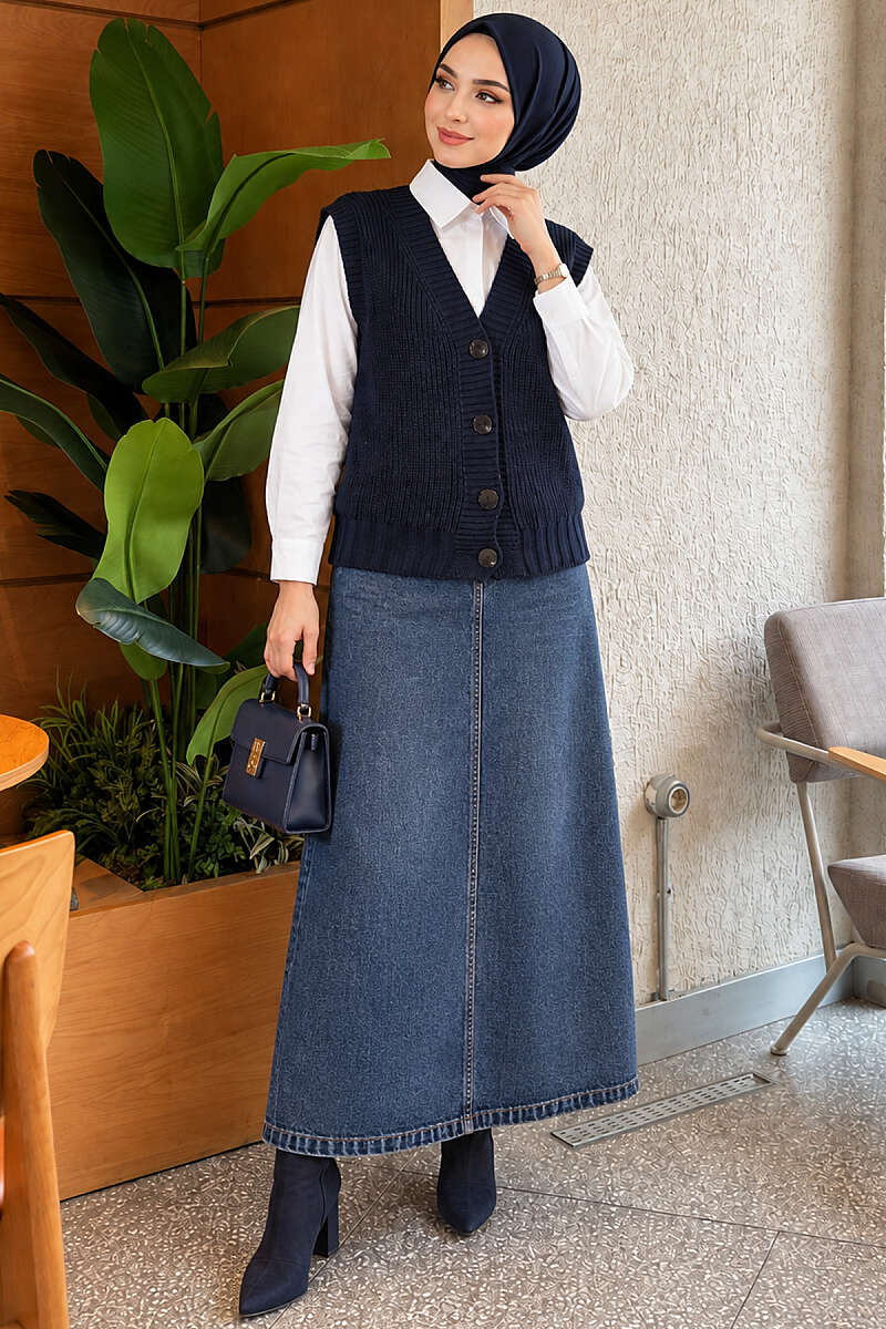 V-Neck Knit Vest with Button Front - Navy