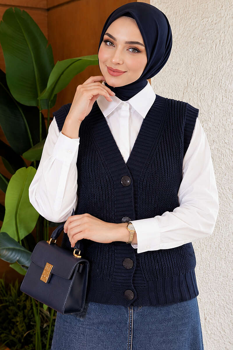 V-Neck Knit Vest with Button Front - Navy