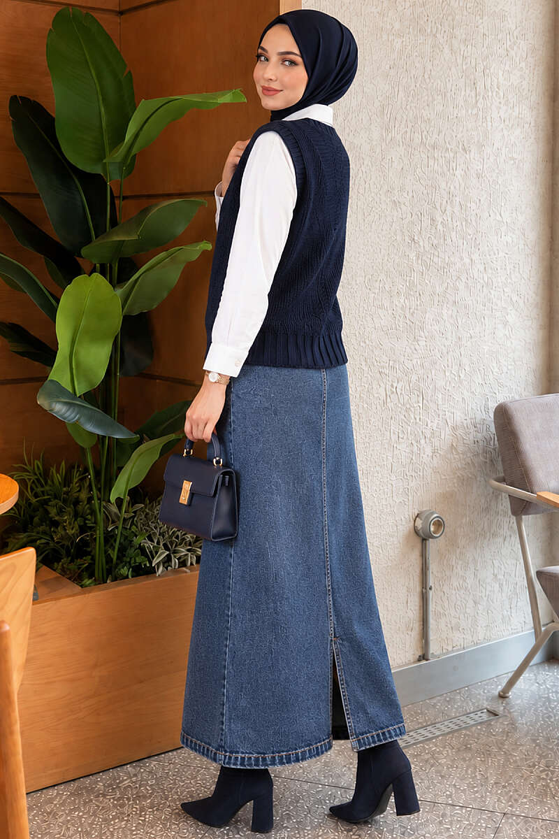 V-Neck Knit Vest with Button Front - Navy