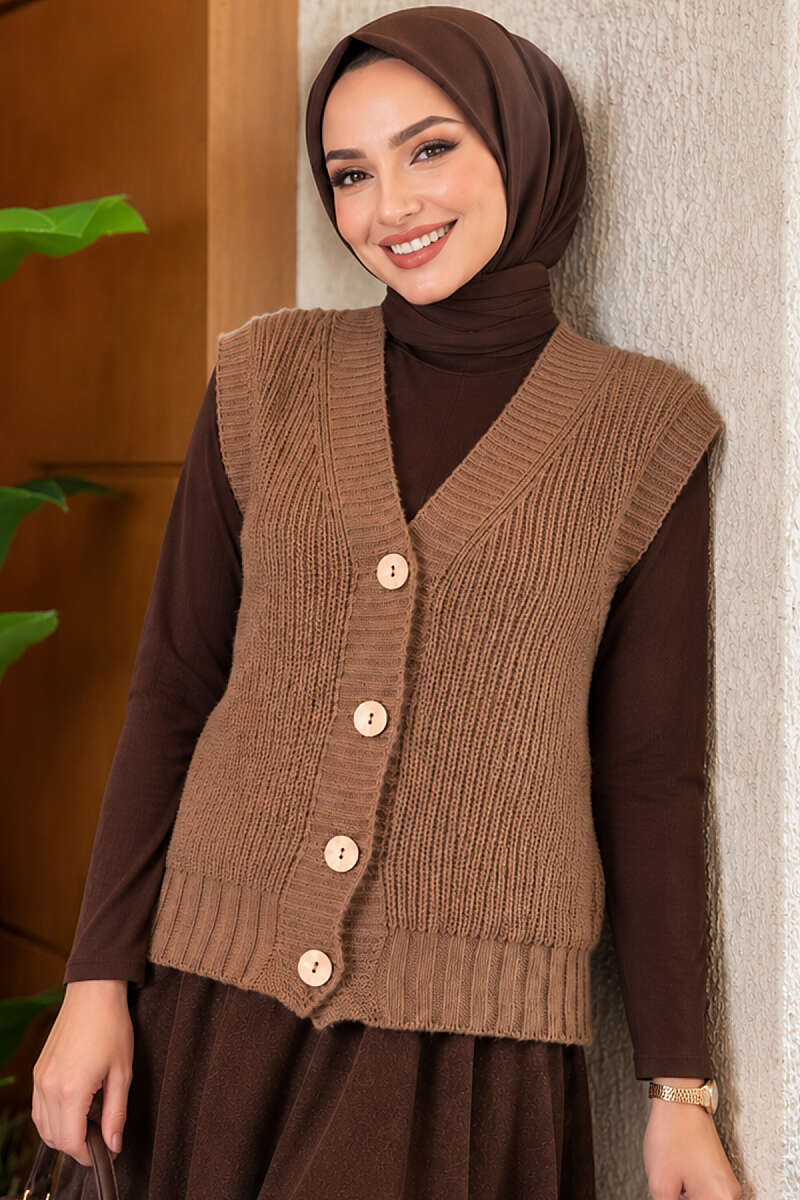 V-Neck Knit Vest with Button Front - Latte